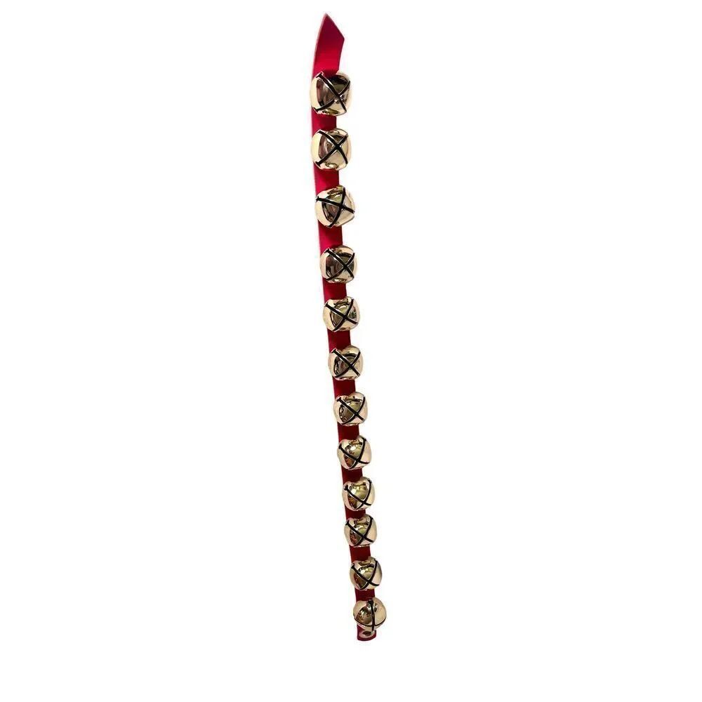 Festive Brass SLEIGH BELLS On A Red Leather Strap 27”